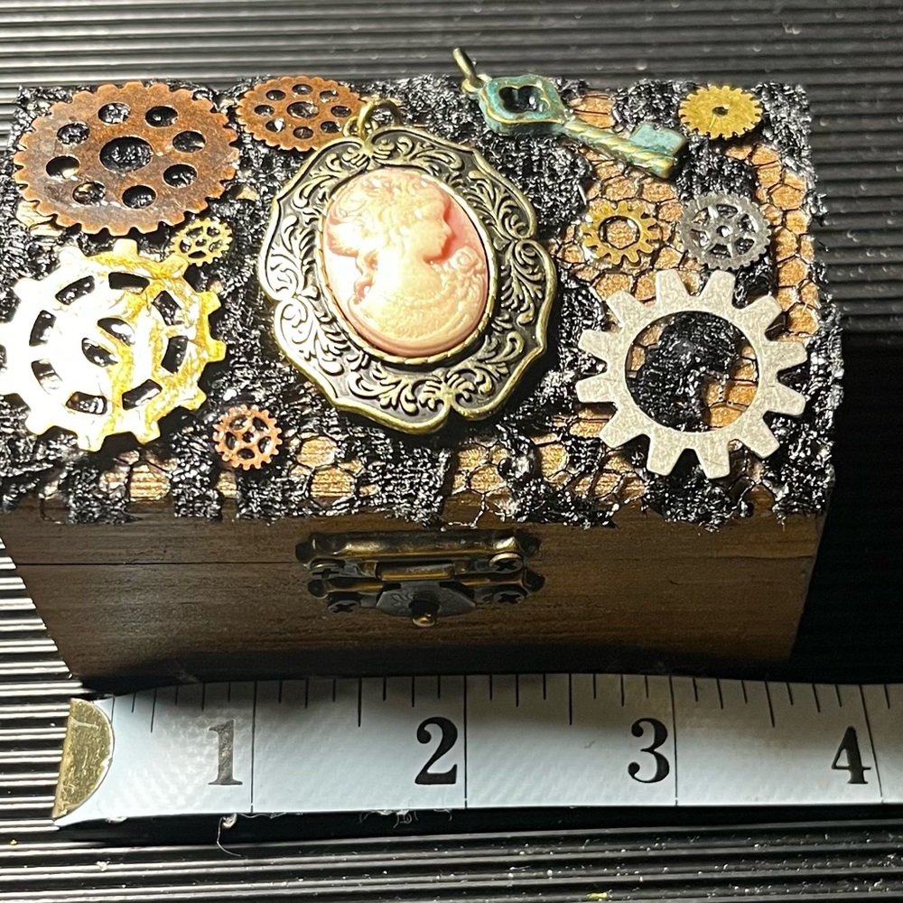 Handmade Steampunk Embellished Trinket Box with Cameo Accent - Black & Bronze